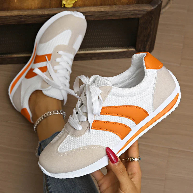 Women's Color Block Striped Low Top Sneakers – Lace Up Mesh Panel Casual