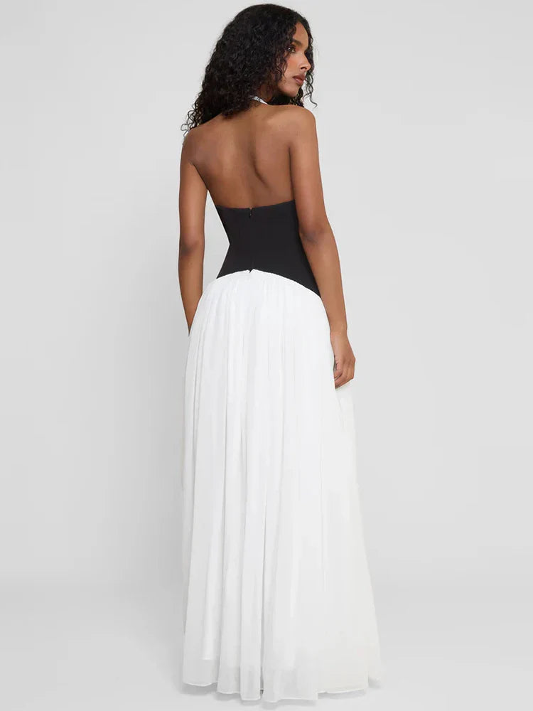 Women's Contrast Panel Halter Maxi Dress – Pleated V Neck Wedding Guest