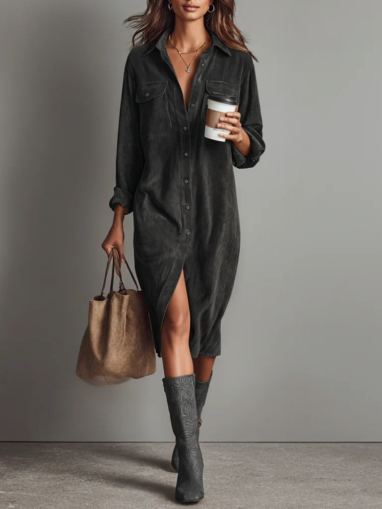 Women's Corduroy Midi Shirt Dress – Button Front Long Sleeve Casual