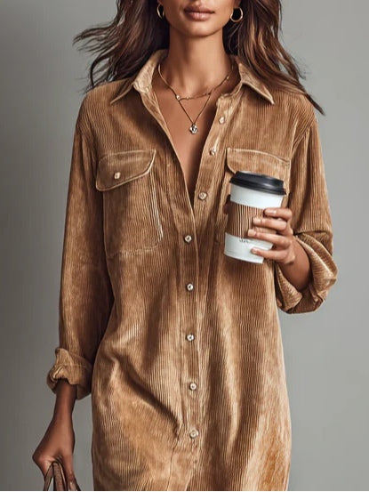 Women's Corduroy Midi Shirt Dress – Button Front Long Sleeve Casual