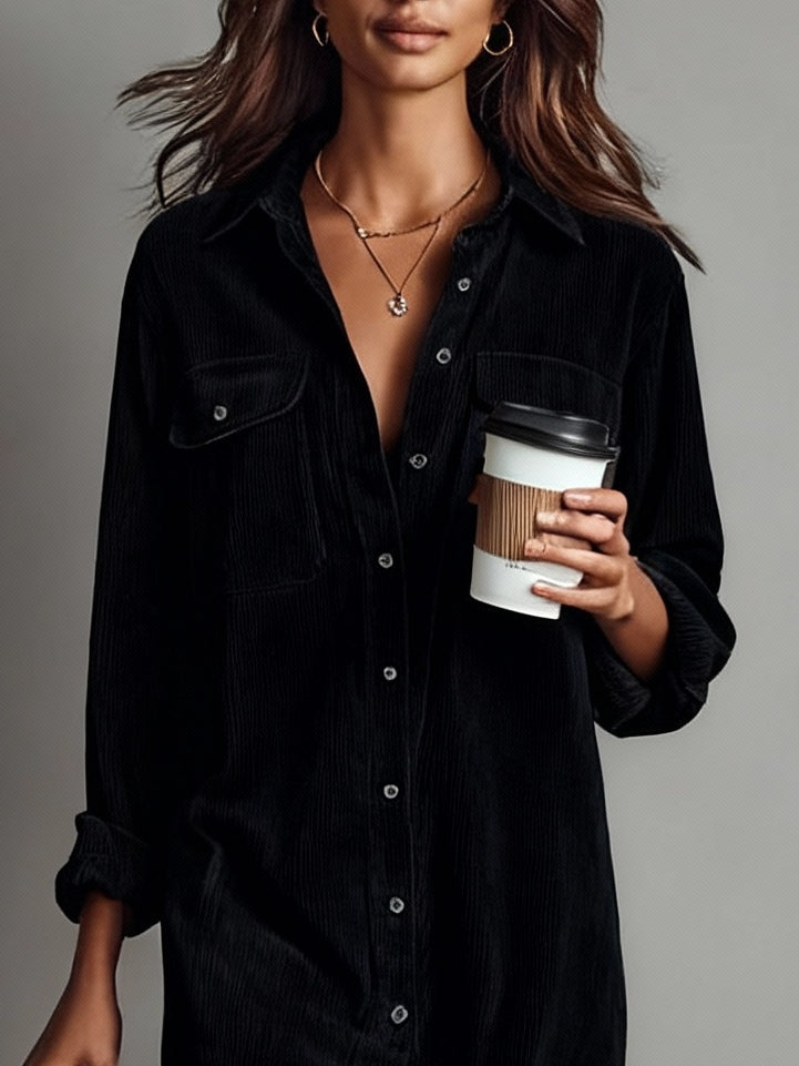 Women's Corduroy Midi Shirt Dress – Button Front Long Sleeve Casual