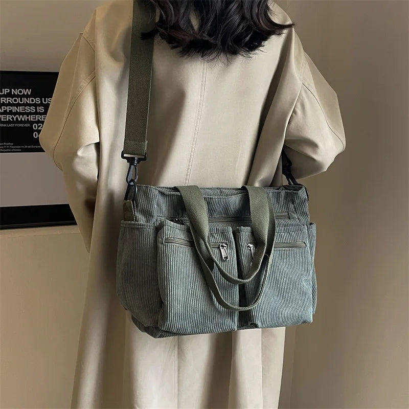 Women's Corduroy Shoulder Bag – Multi Pocket Zip Top Handle Everyday Bag