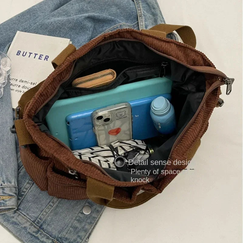 Women's Corduroy Shoulder Bag – Multi Pocket Zip Top Handle Everyday Bag
