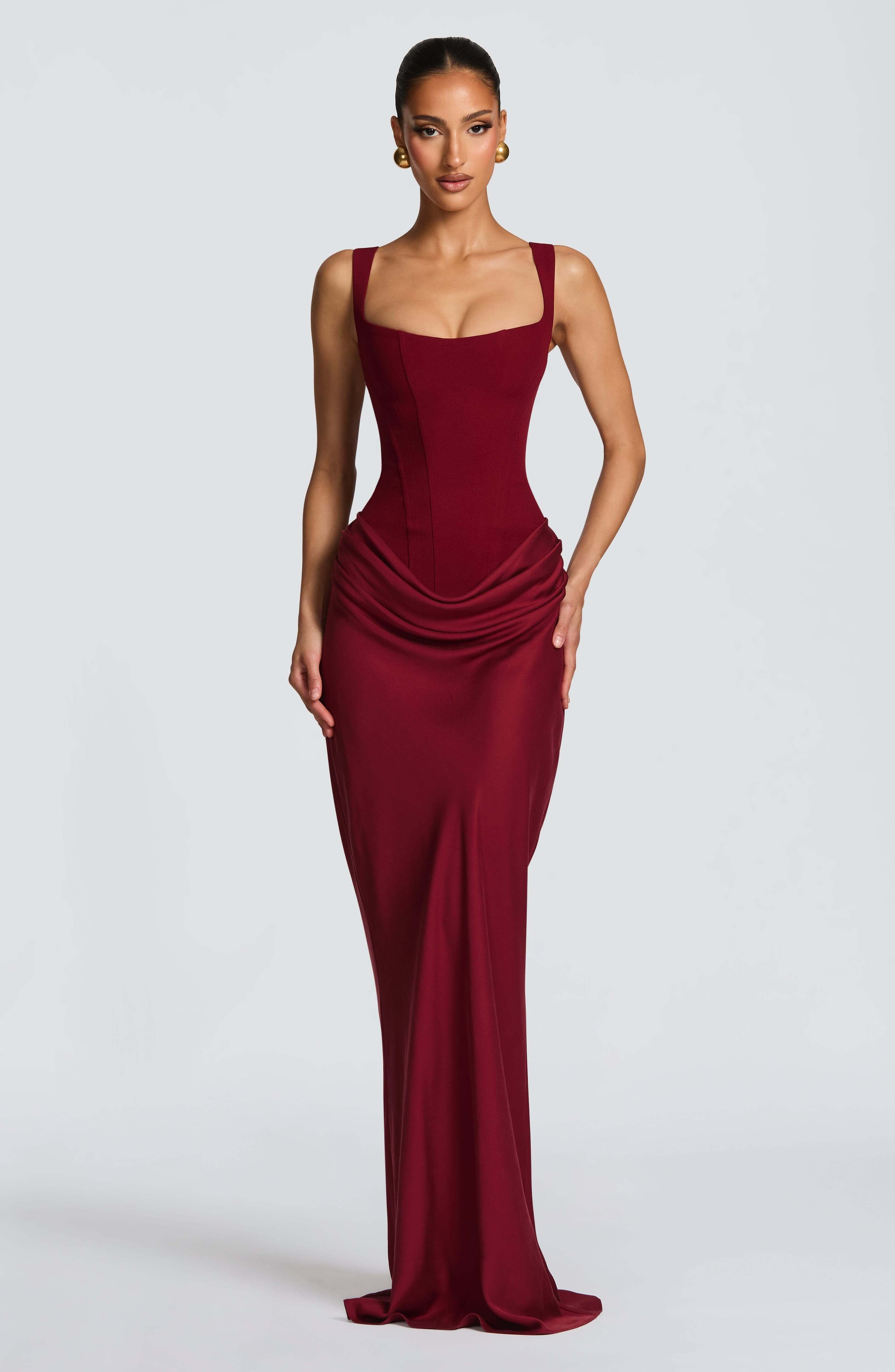 Women's Corset Maxi Dress – Square Neck Draped Sleeveless Wedding Guest