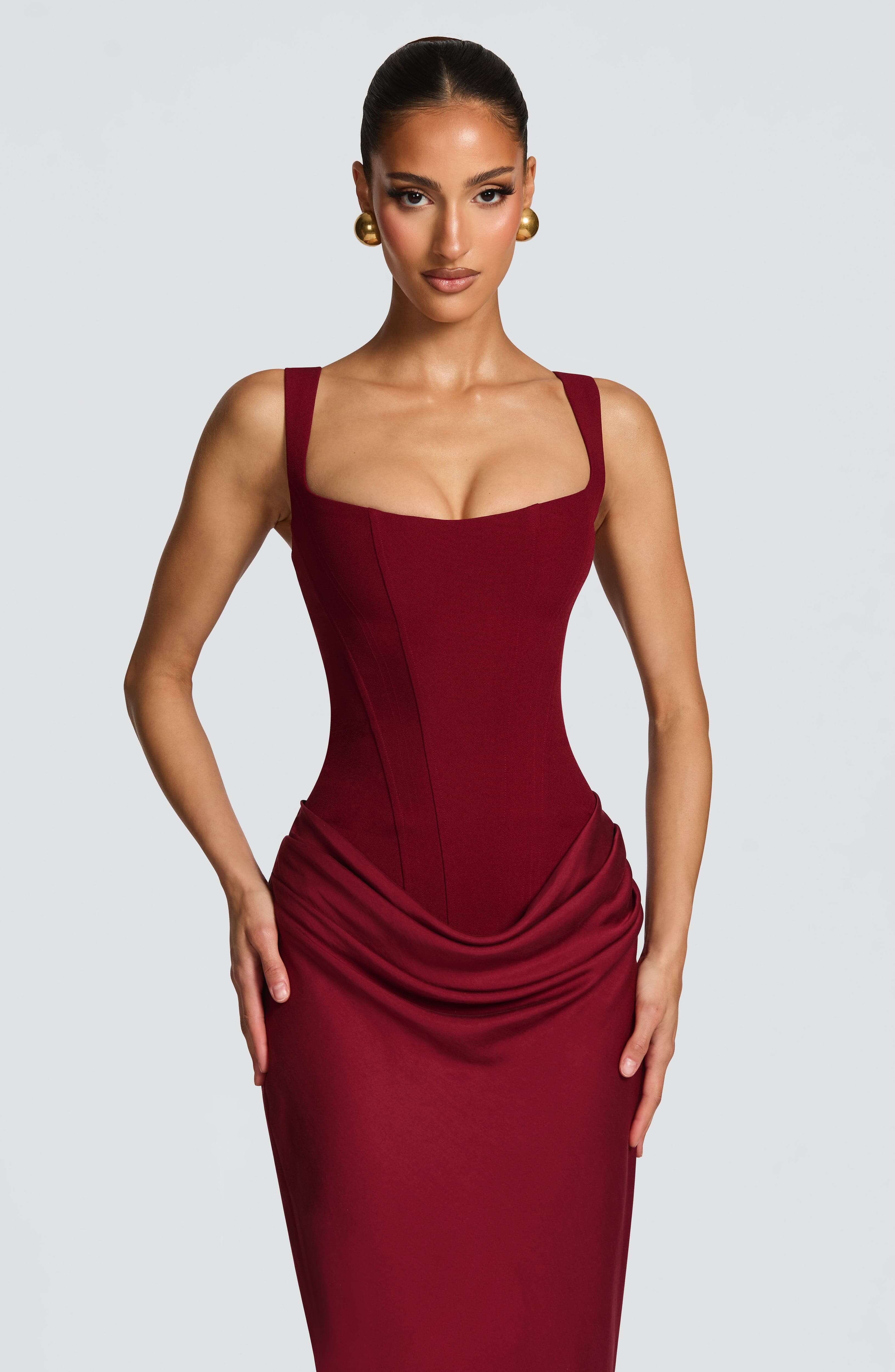 Women's Corset Maxi Dress – Square Neck Draped Sleeveless Wedding Guest