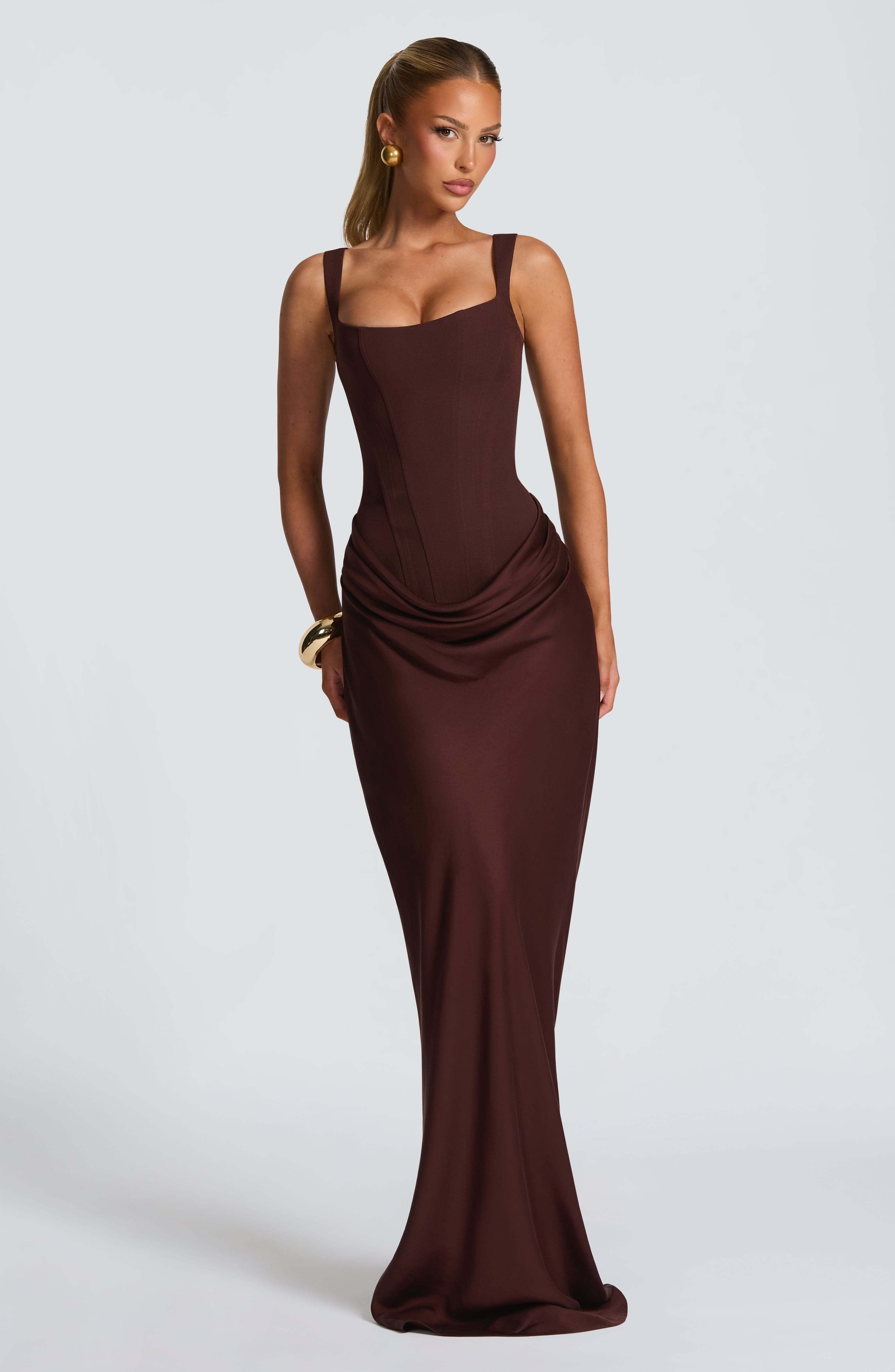 Women's Corset Maxi Dress – Square Neck Draped Sleeveless Wedding Guest