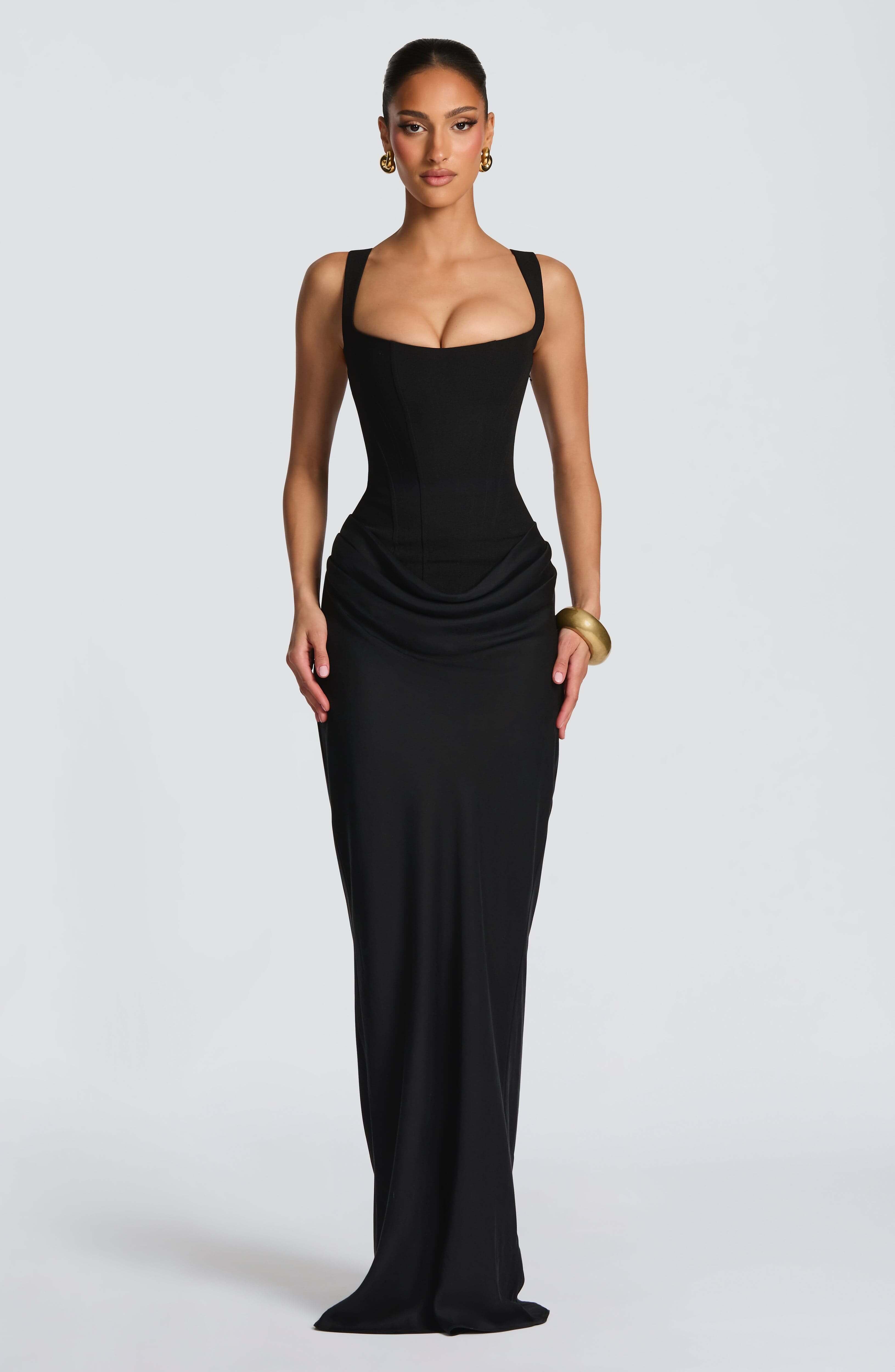 Women's Corset Maxi Dress – Square Neck Draped Sleeveless Wedding Guest