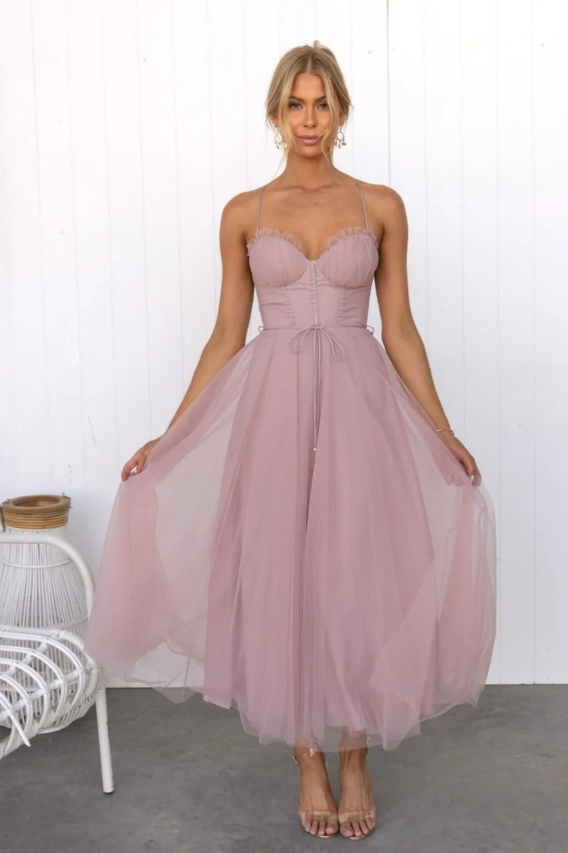 Women's Corset Tulle Midi – Spaghetti Strap Sweetheart Wedding Guest Dress