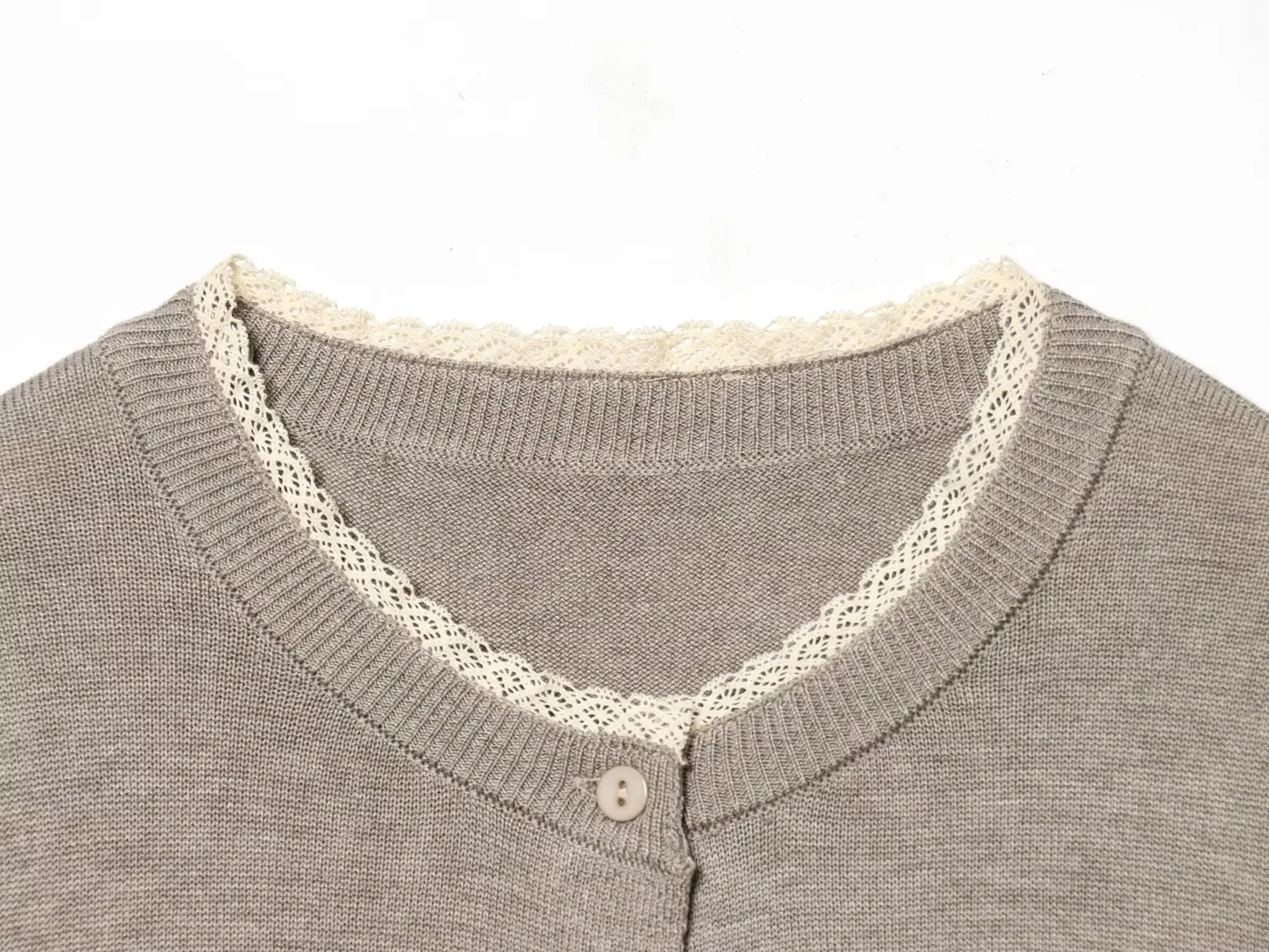 Women's Crew Neck Button Knit Cardigan – Lace Trim Long Sleeve Everyday Wear