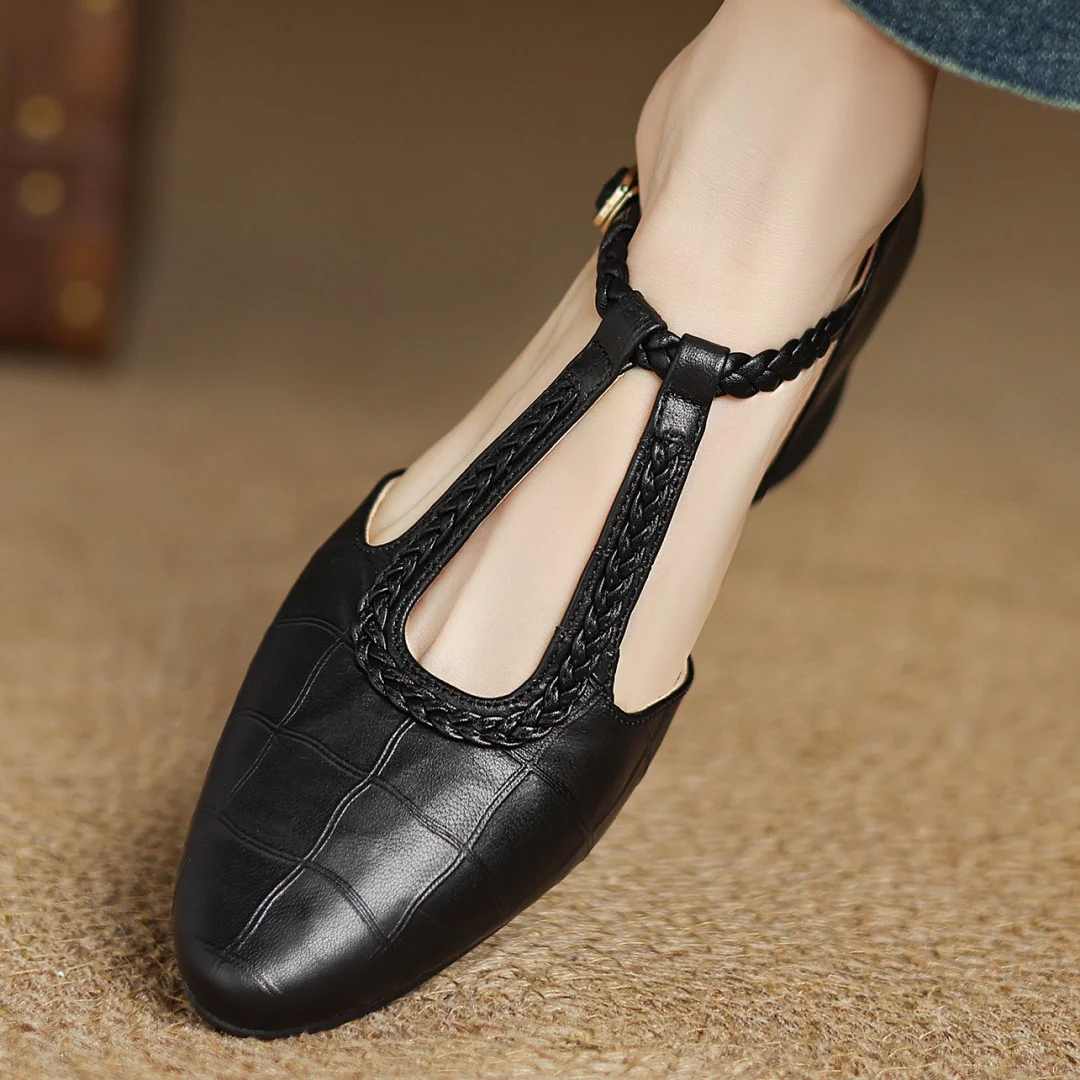 Women's Croc Embossed Mary Jane Flats – Braided T-Strap Adjustable Buckle Round Toe