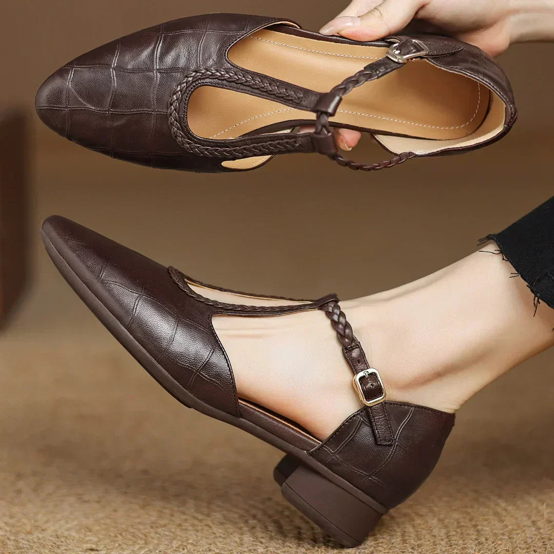Women's Croc Embossed Mary Jane Flats – Braided T-Strap Adjustable Buckle Round Toe