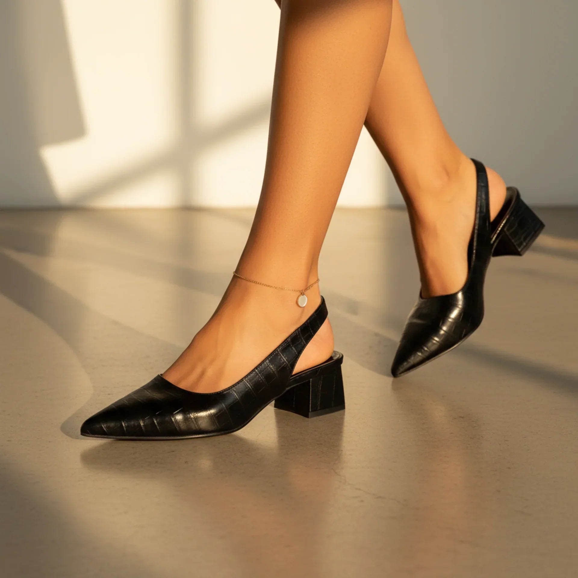 Women's Croc Embossed Pointed Toe Slingback Pumps – Block Heel Office Work