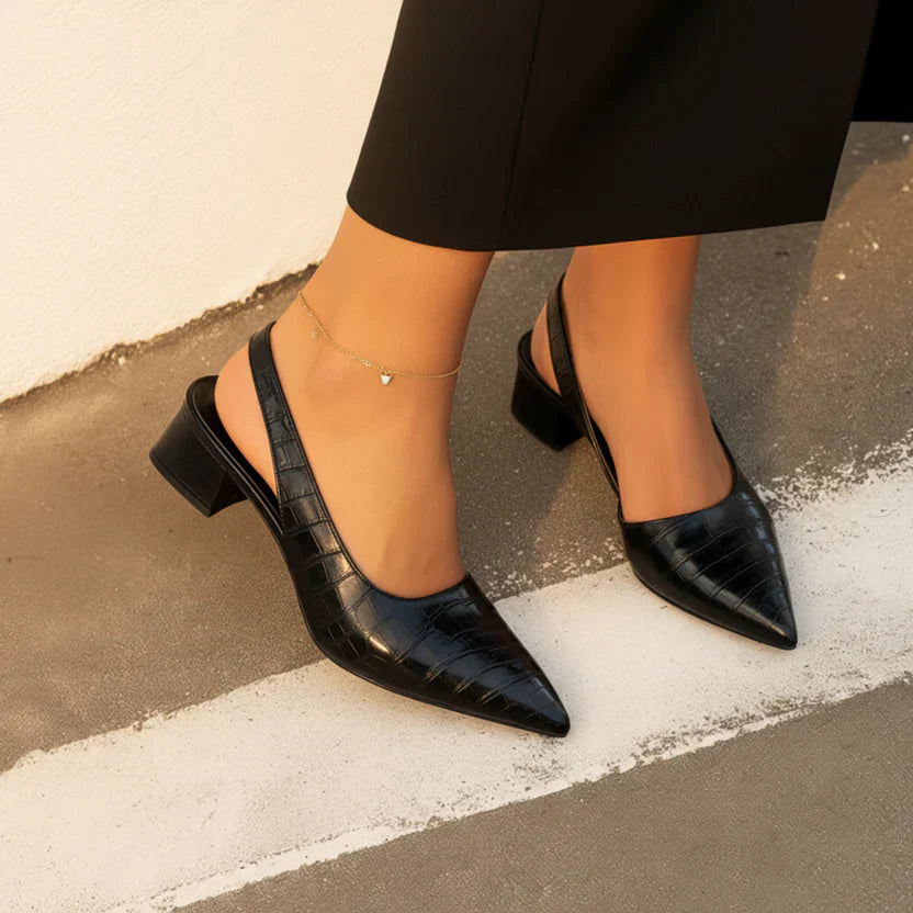 Women's Croc Embossed Pointed Toe Slingback Pumps – Block Heel Office Work