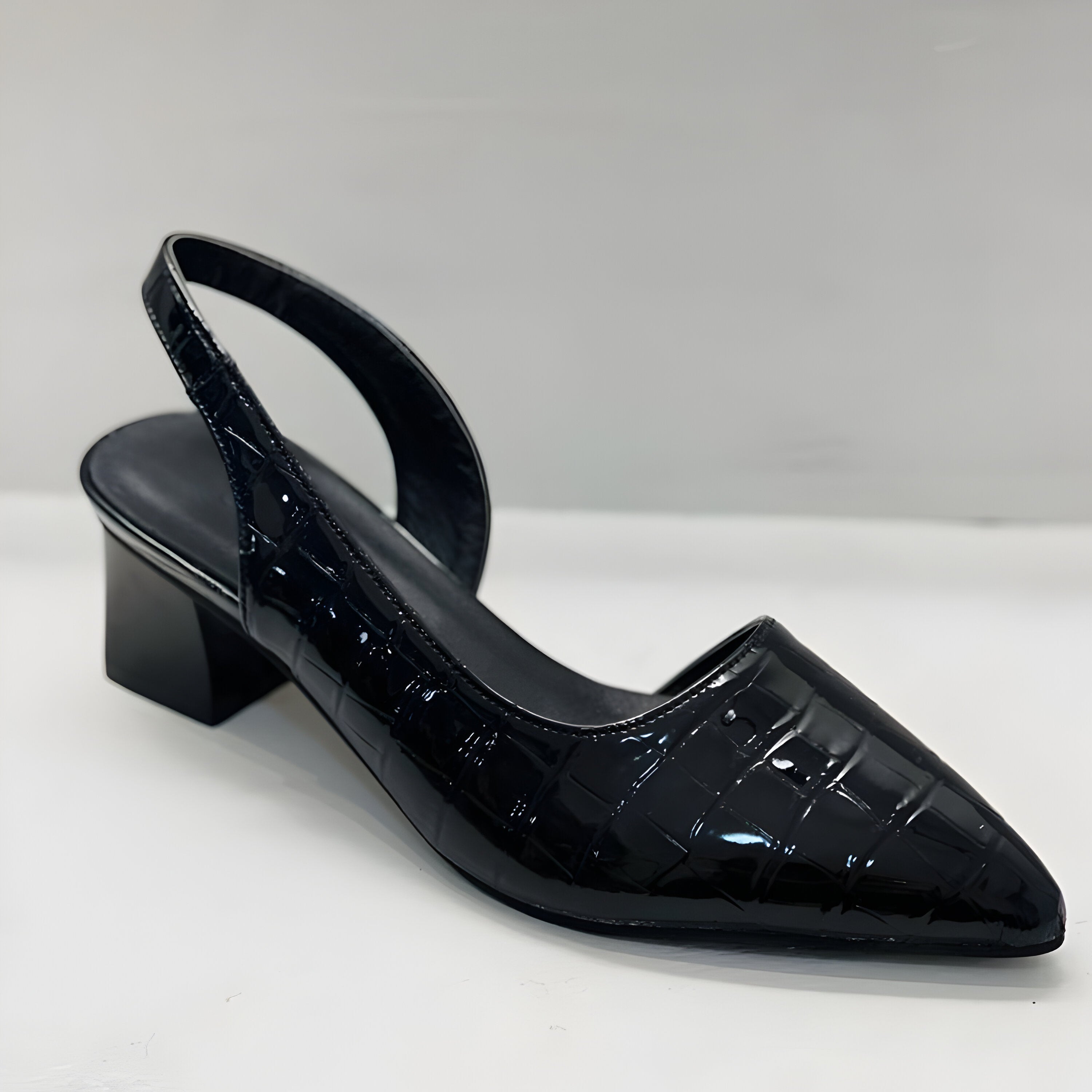 Women's Croc Embossed Slingback Pumps – Pointed Toe Low Block Heel Office