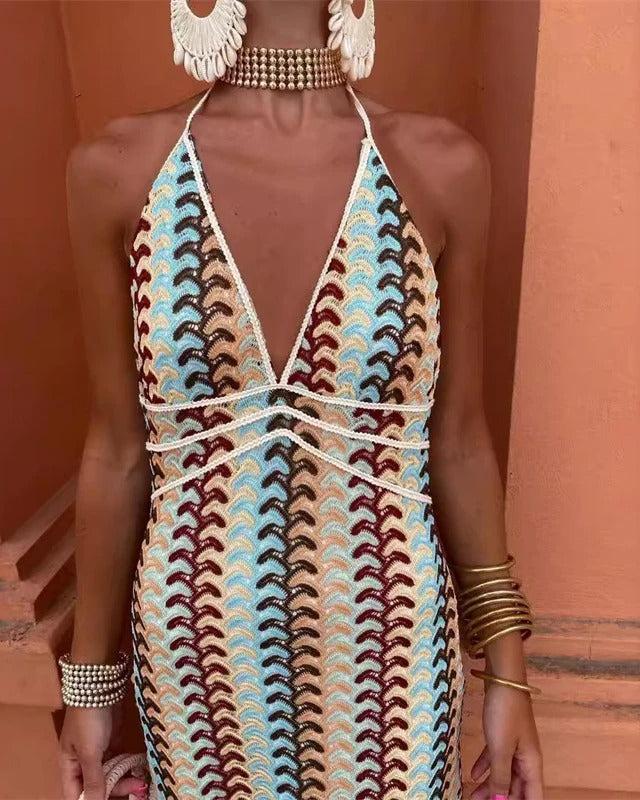 Women's Crochet Chevron Maxi – Halter V Neck Lace Up Beach Wedding Guest Dress