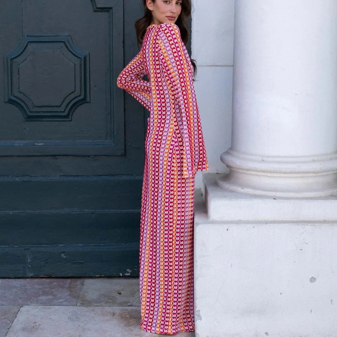 Women's Crochet Maxi Dress – V Neck Front Slit Long Sleeve Summer Beach