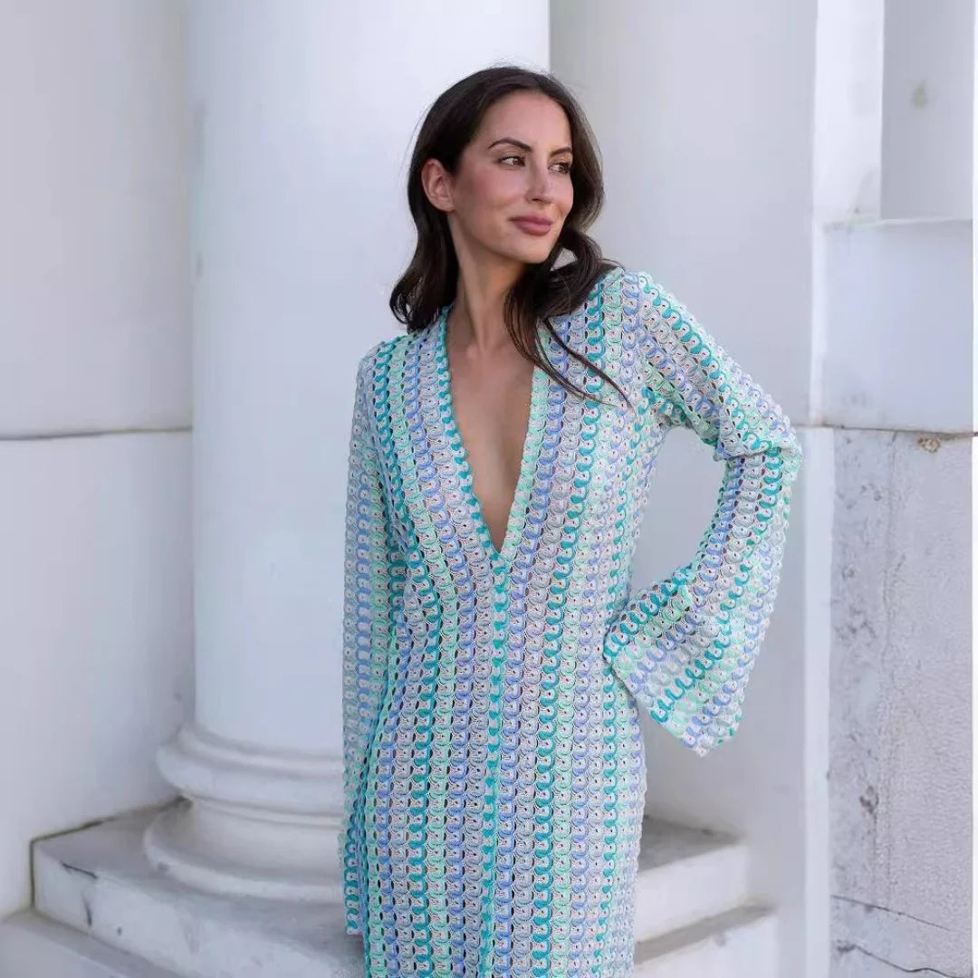 Women's Crochet Maxi Dress – V Neck Front Slit Long Sleeve Summer Beach