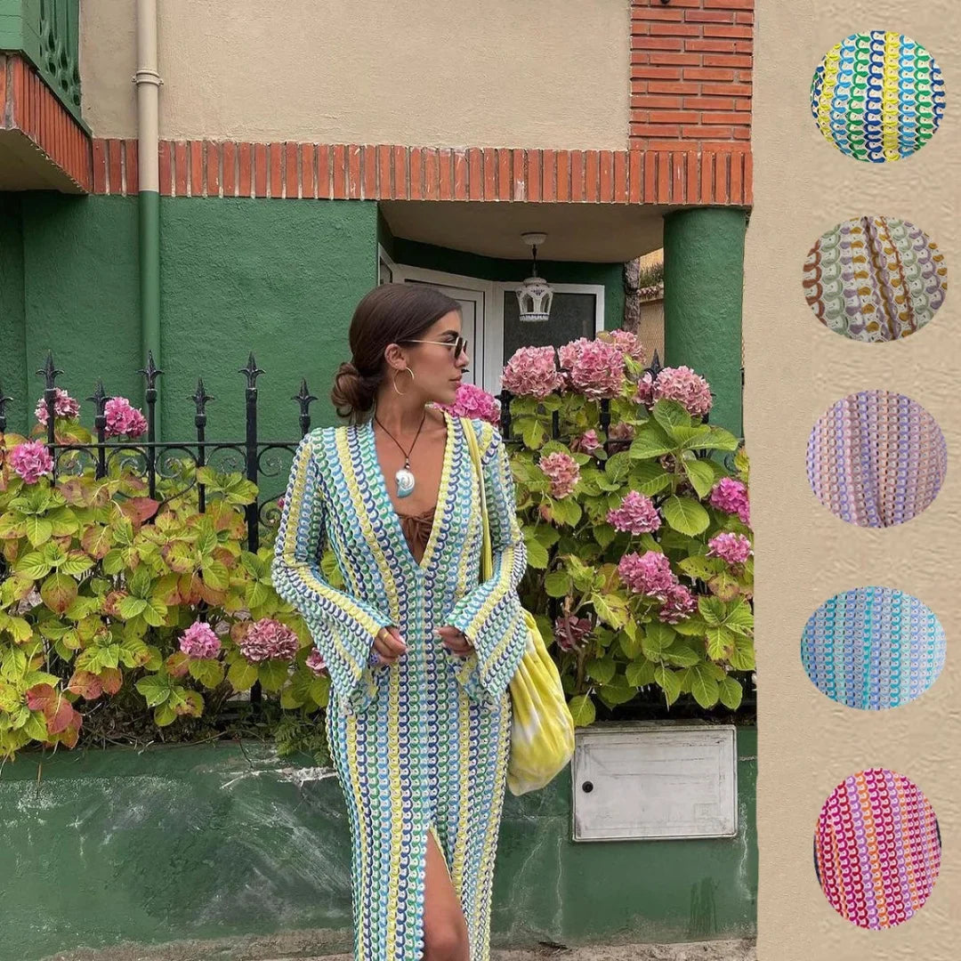 Women's Crochet Maxi Dress – V Neck Front Slit Long Sleeve Summer Beach