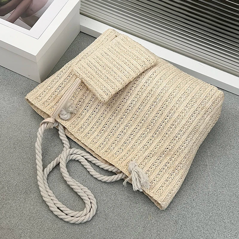 Women's Crochet Tote Bag – Woven Rope Handle Pouch Beach Summer