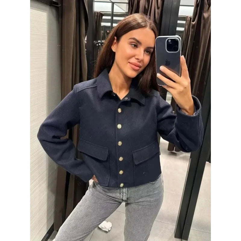 Women's Cropped Bomber Jacket – Single Breasted Spread Collar Patch Pockets