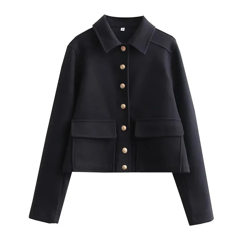 Women's Cropped Bomber Jacket – Single Breasted Spread Collar Patch Pockets