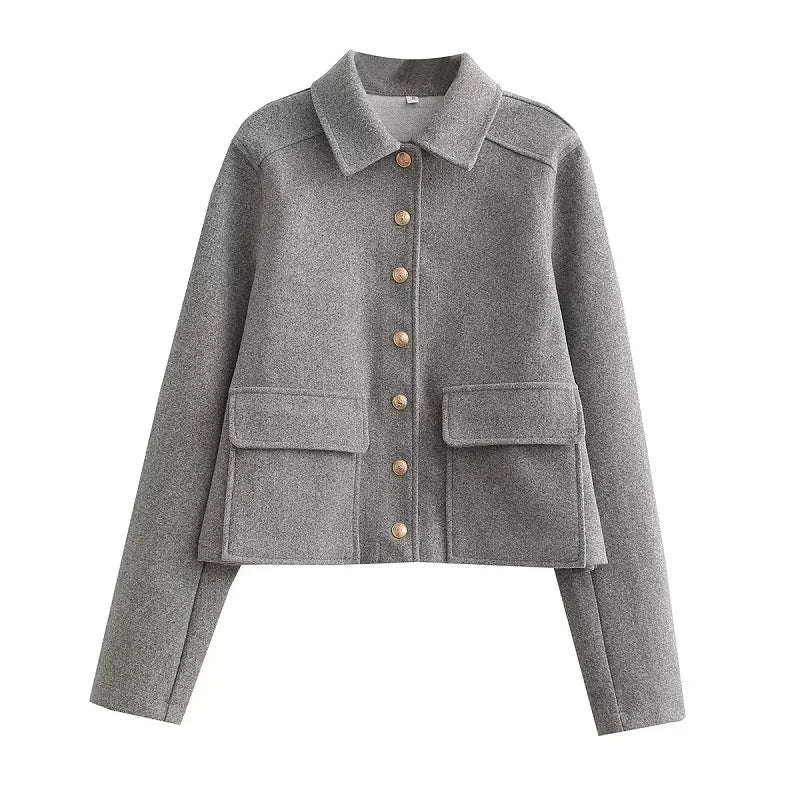 Women's Cropped Bomber Jacket – Single Breasted Spread Collar Patch Pockets