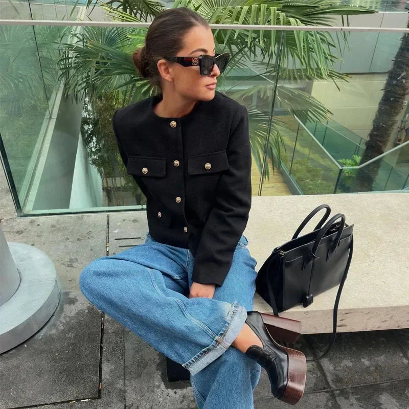 Women's Cropped Single Breasted Bomber Jacket – Collarless Flap Pockets