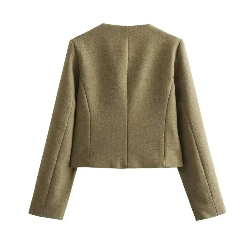 Women's Cropped Single Breasted Bomber Jacket – Collarless Flap Pockets