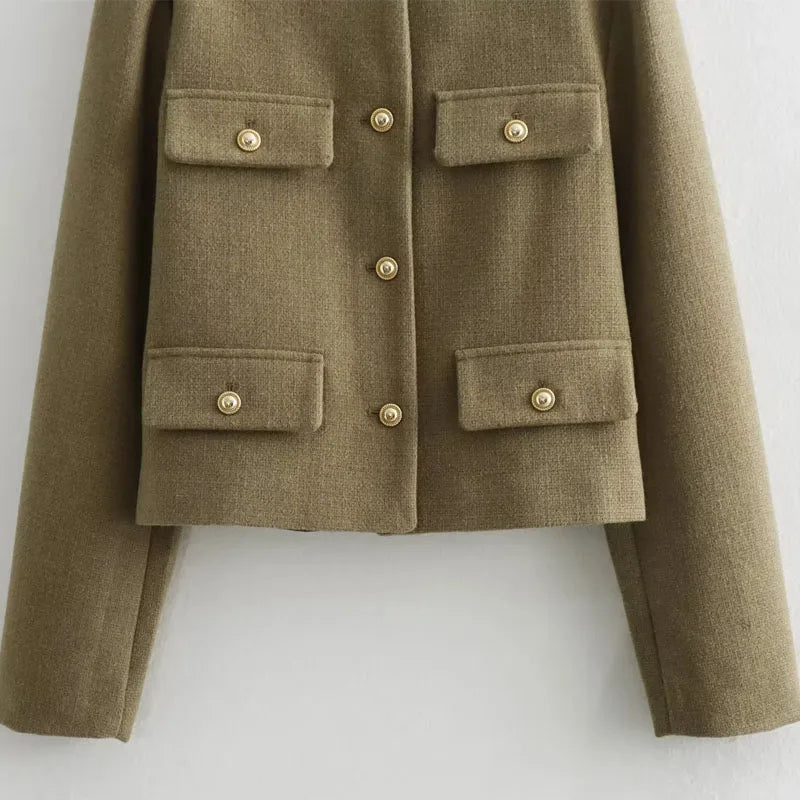 Women's Cropped Single Breasted Bomber Jacket – Collarless Flap Pockets