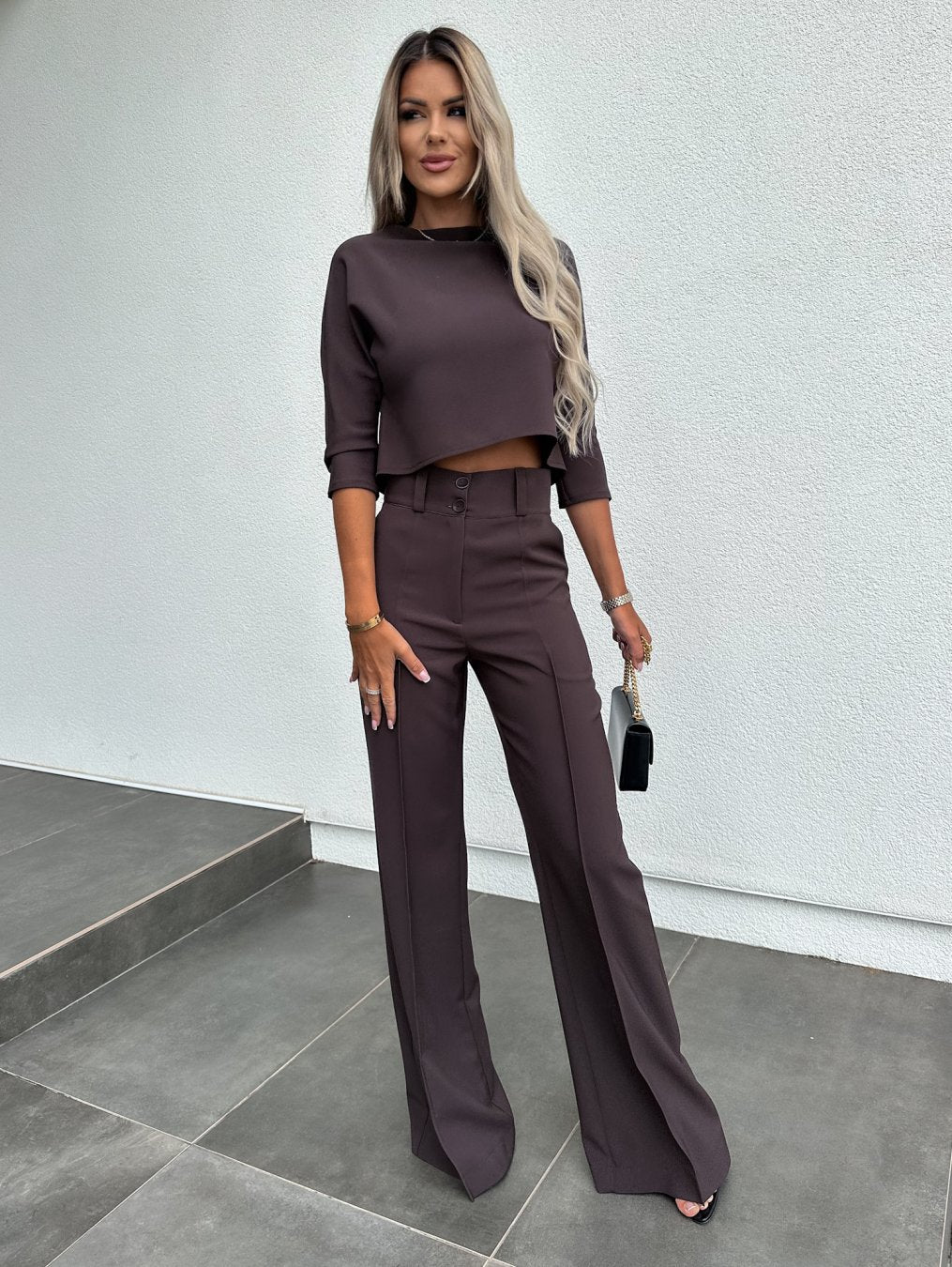 Women's Cropped Top and Wide Leg Pants – Mock Neck Button Waist 2 Piece Set