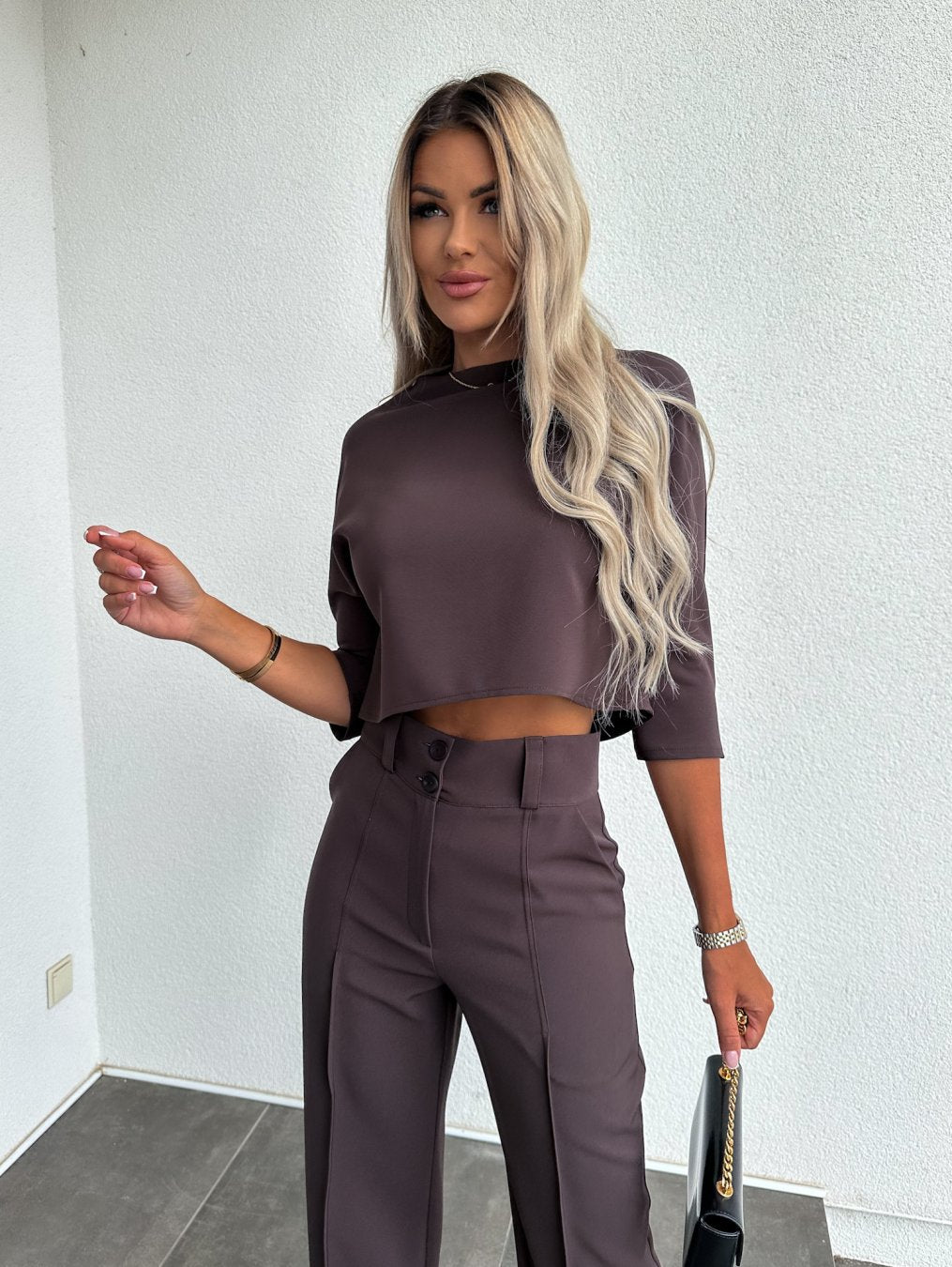 Women's Cropped Top and Wide Leg Pants – Mock Neck Button Waist 2 Piece Set