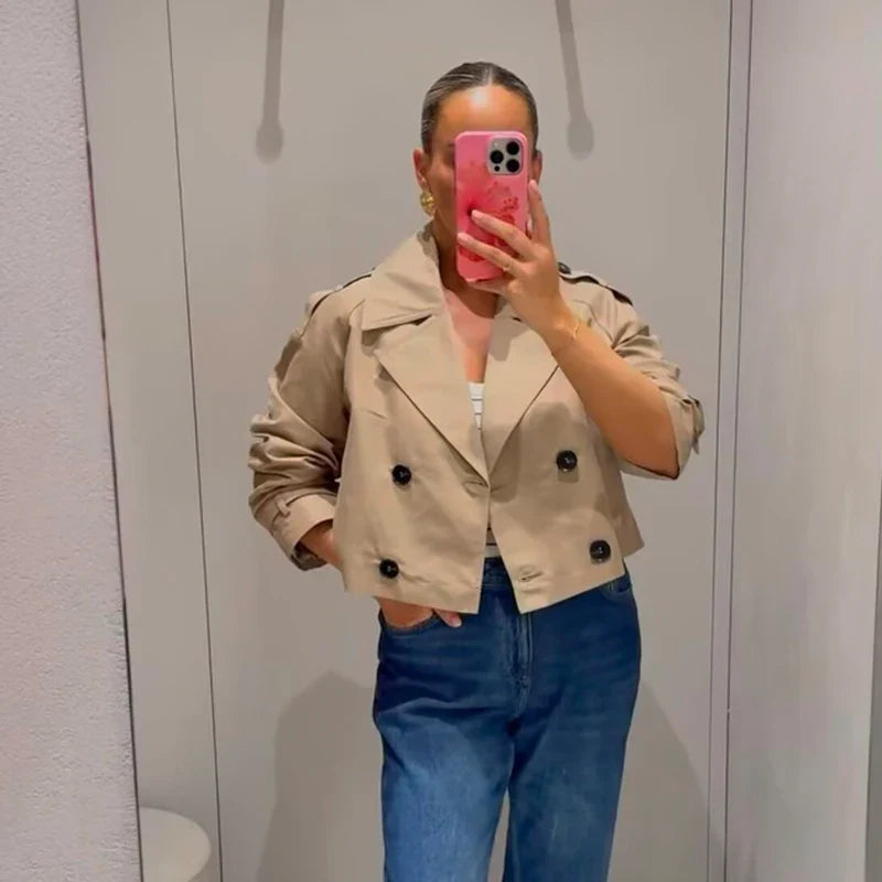 Women's Cropped Trench Jacket – Double Breasted Collarless Cuffed Sleeve Smart