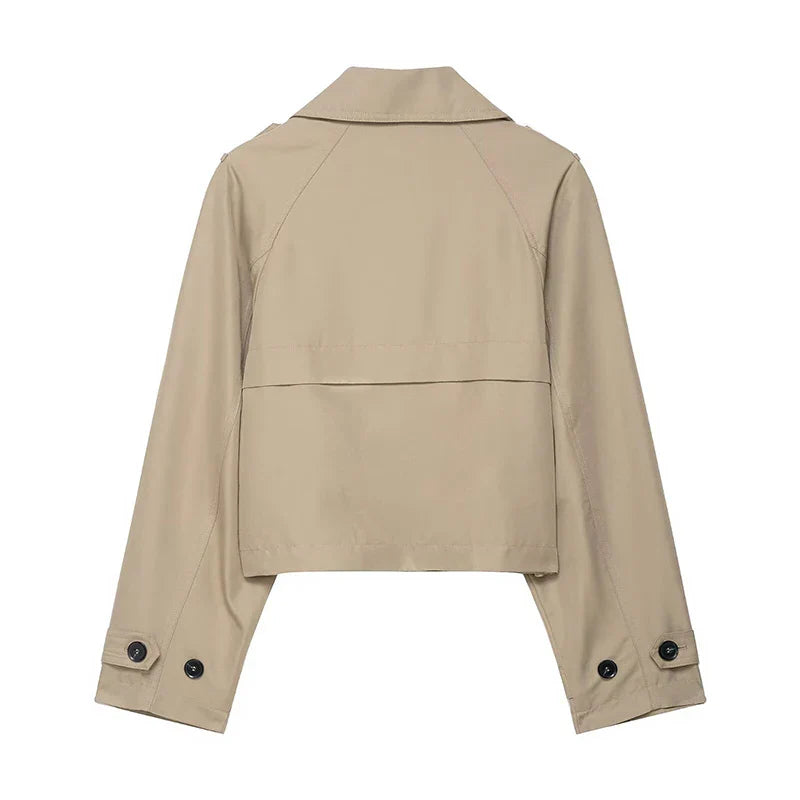 Women's Cropped Trench Jacket – Double Breasted Collarless Cuffed Sleeve Smart