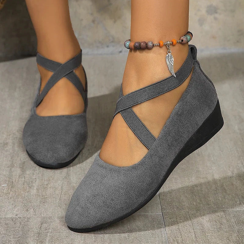 Women's Cross Strap Mary Jane Shoes – Closed Toe Low Wedge Suede Casual