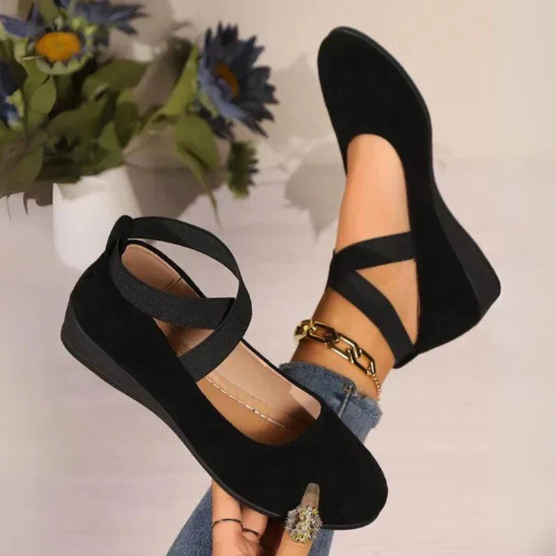 Women's Cross Strap Mary Jane Shoes – Closed Toe Low Wedge Suede Casual