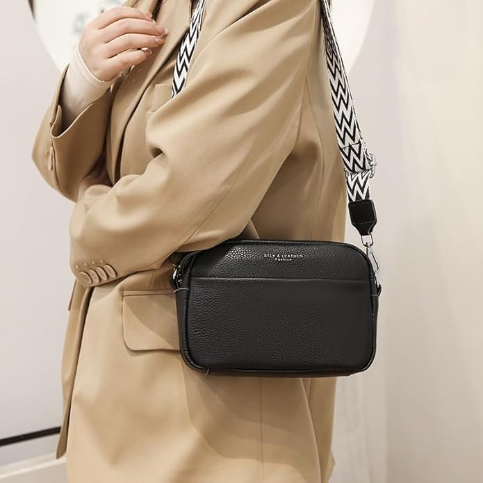 Women's Crossbody Bag – Wide Patterned Strap Pebbled Multi Zip Everyday