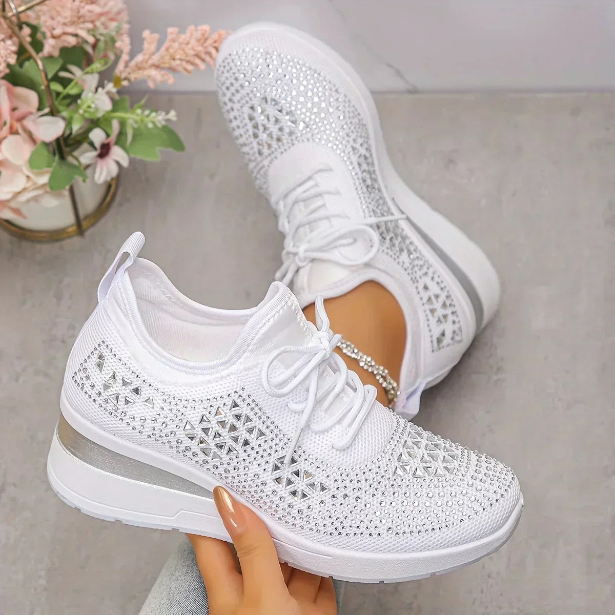 Women's Crystal Embellished Knit Sneakers – Lace Up Wedge Sole Casual