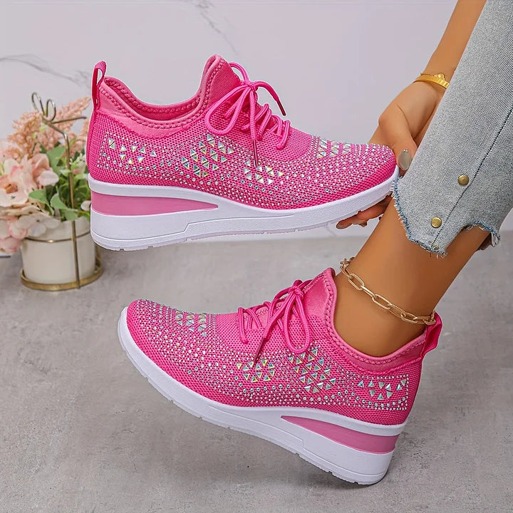 Women's Crystal Embellished Knit Sneakers – Lace Up Wedge Sole Casual