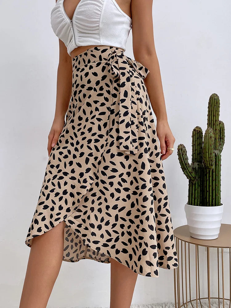 Women's Dalmatian Print High Waist Wrap Midi Skirt – Tie Waist Summer