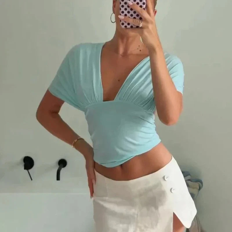 Women's Deep V Neck Crop Top – Ruched Bust Sleeveless Summer Casual