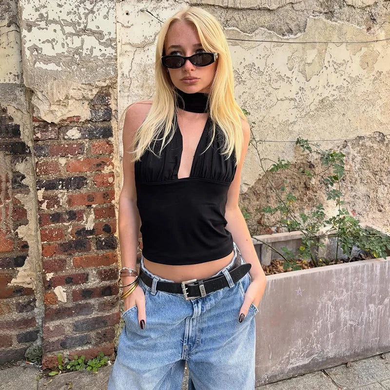 Women's Deep V Neck Crop Top – Ruched Bust Sleeveless Summer Casual