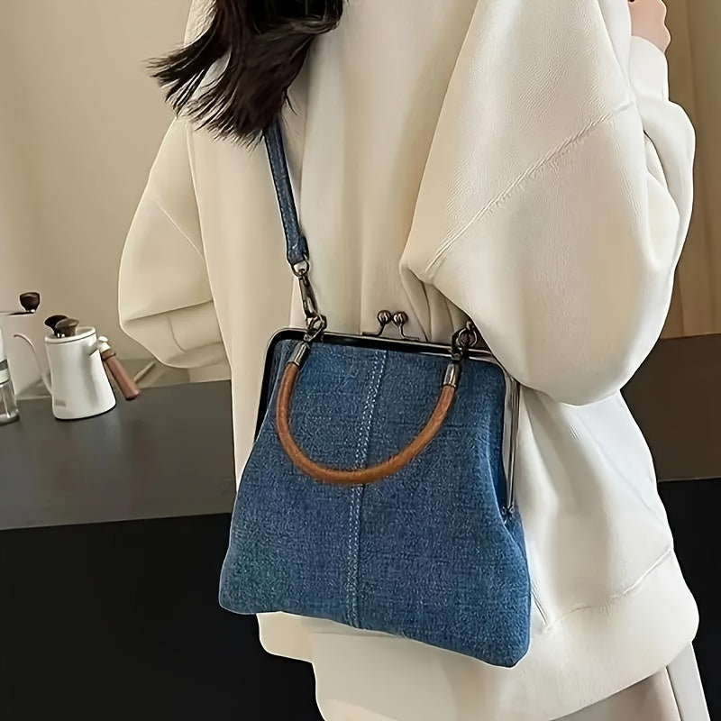 Women's Denim Frame Crossbody Bag – Top Handle Kiss Lock Clasp Casual