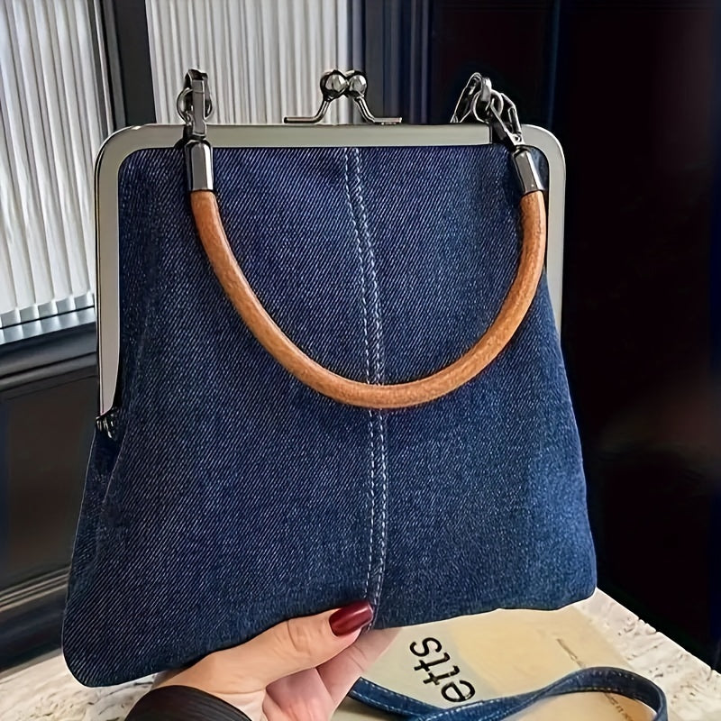 Women's Denim Frame Crossbody Bag – Top Handle Kiss Lock Clasp Casual