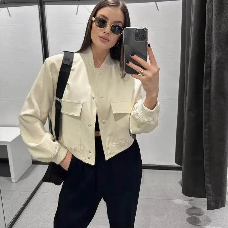 Women's Double Breasted Cropped Jacket – Stand Collar Patch Pocket Casual