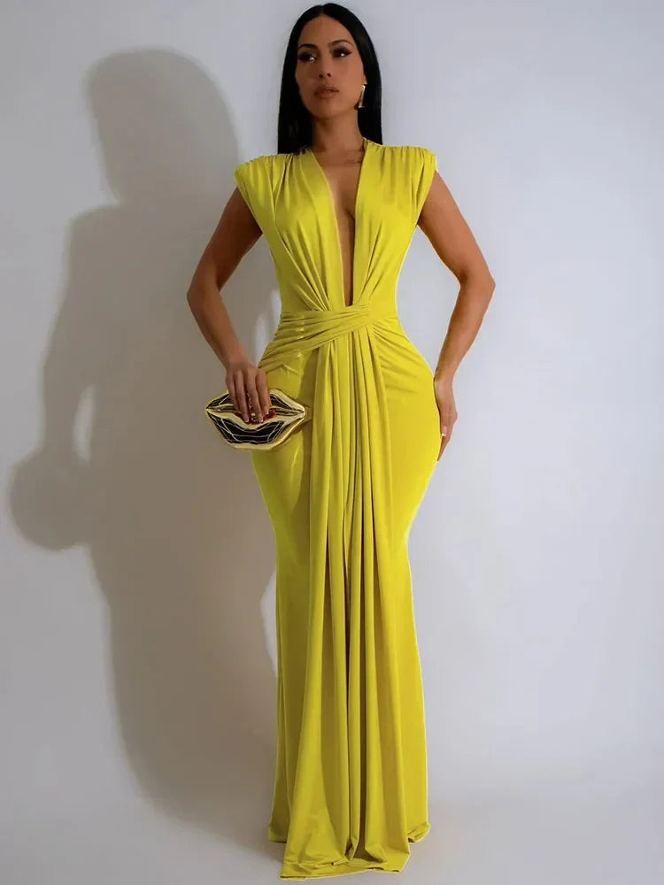 Women's Draped Maxi Dress – Deep V Neck Twisted Waist Sleeveless Formal
