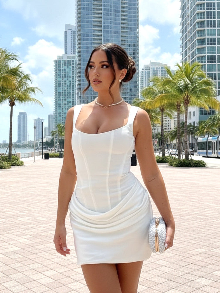Women's Draped Mini Dress – Square Neck Lace Up Back Bodycon Cocktail