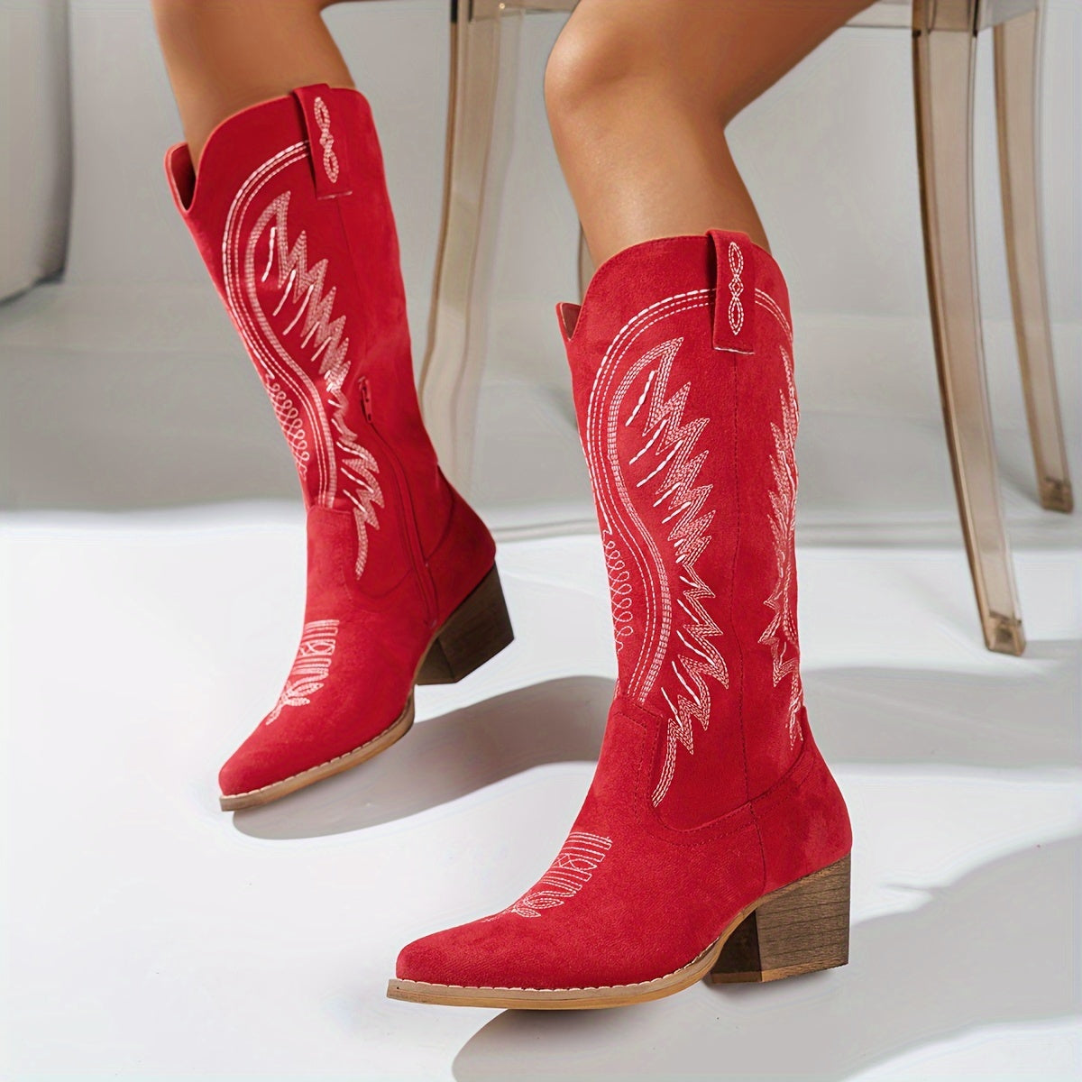 Women's Embroidered Western Cowboy Boots – Pointed Toe Block Heel Knee High