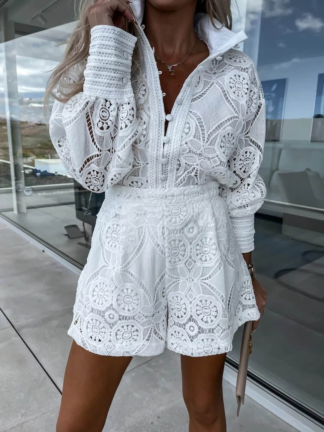 Women's Eyelet Lace Two-Piece Summer Set – Puff Sleeve Mock Neck Shorts Summer