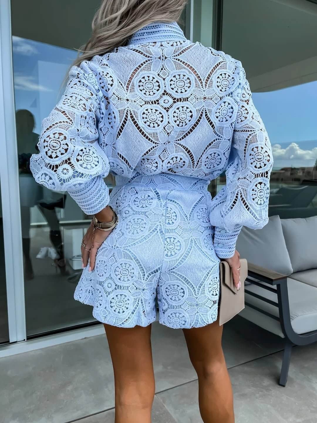 Women's Eyelet Lace Two-Piece Summer Set – Puff Sleeve Mock Neck Shorts Summer