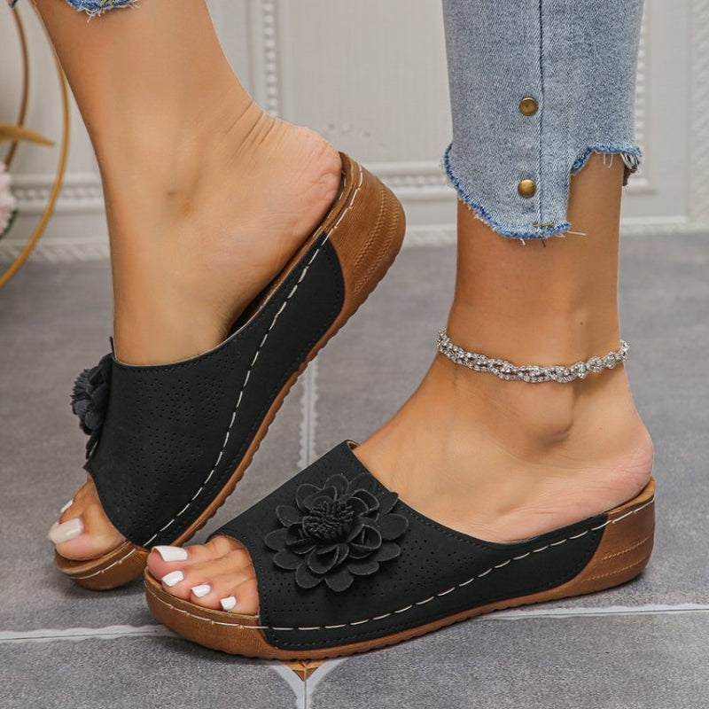 Women's Floral Appliqué Open Toe Wedge Slide Sandals – Perforated Summer